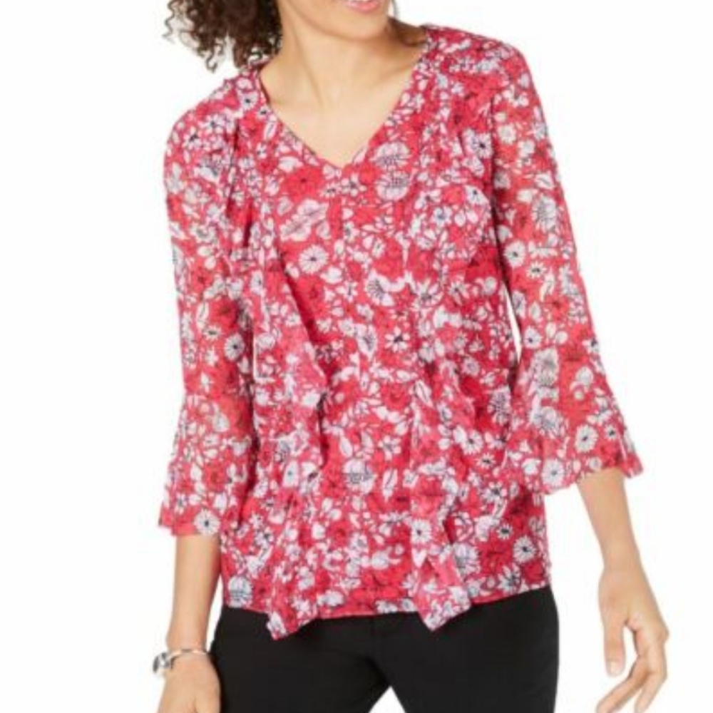 Alfani Pink and White Floral Mesh Ruffled Blouse